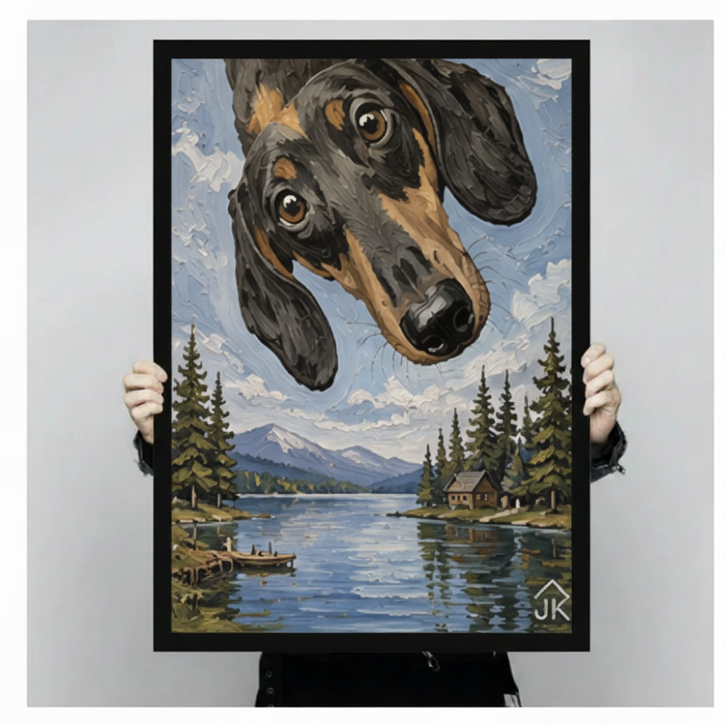 Hands holding large framed dachshund peeking over mountain lake cabin oil painting canvas — whimsical dog wall art size display