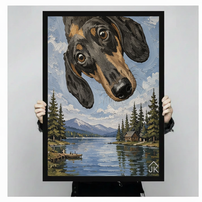 Hands holding large framed dachshund peeking over mountain lake cabin oil painting canvas — whimsical dog wall art size display