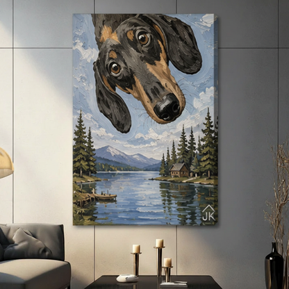 Stretched gallery wrap dachshund lake cabin canvas print on gray tile wall — frameless whimsical dog wall art for living room
