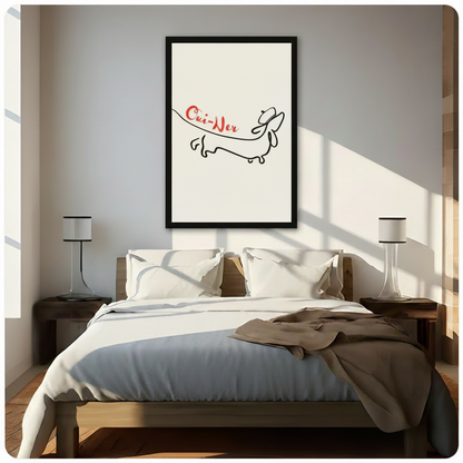 Oui-Ner dachshund minimalist line art in black frame above bed, witty dog canvas print adding charm to bright neutral bedroom interior