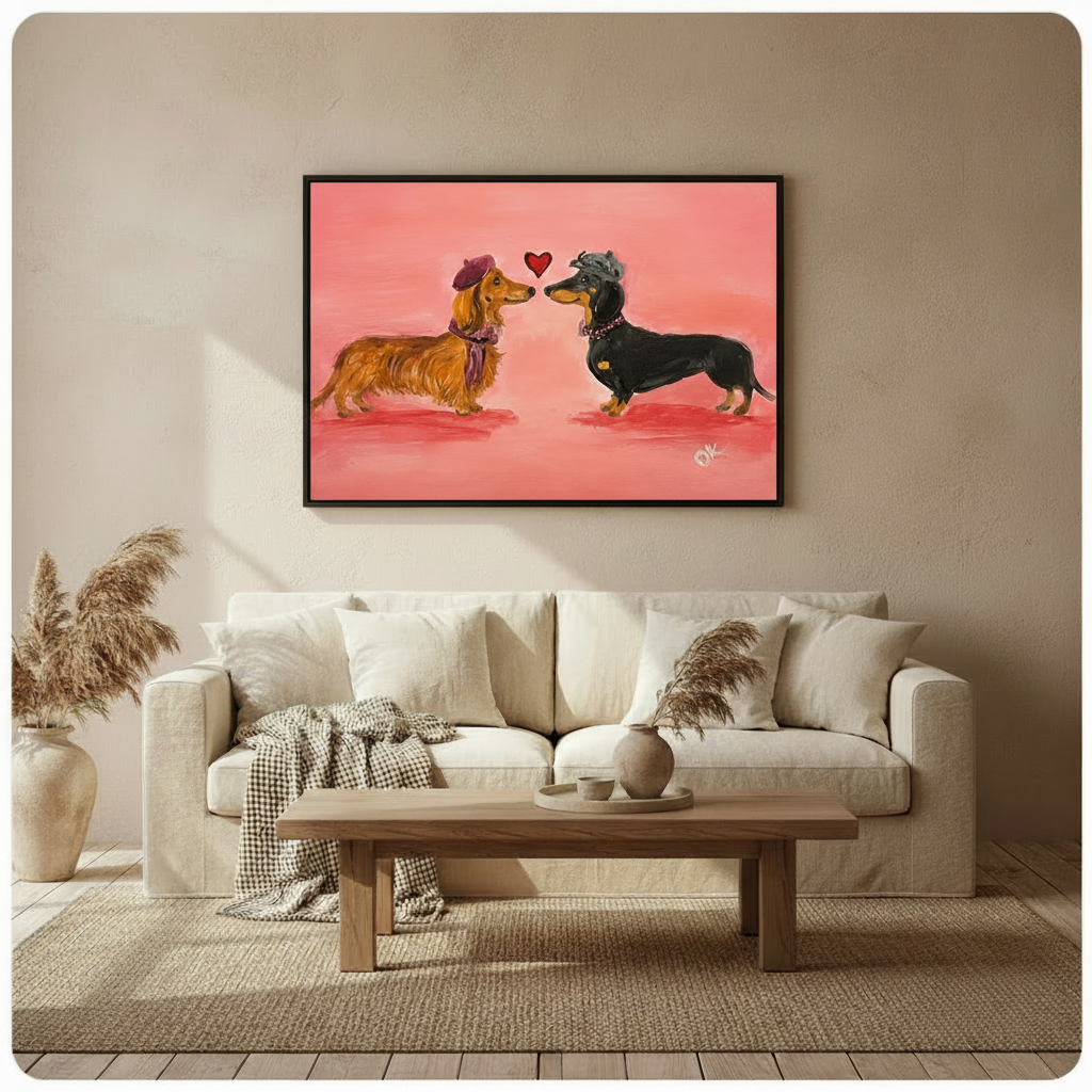Framed dachshund couple wall art print displayed above a beige sofa in a cozy living room