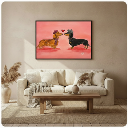 Framed dachshund couple wall art print displayed above a beige sofa in a cozy living room