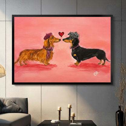 Black framed dachshund couple art print mounted on a dark grey panel wall