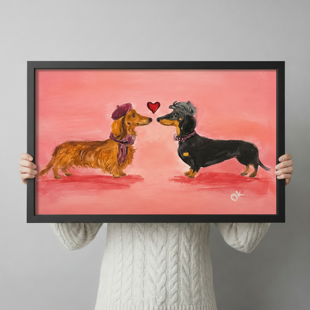 Person holding a framed dachshund couple art print showing size reference against a grey background