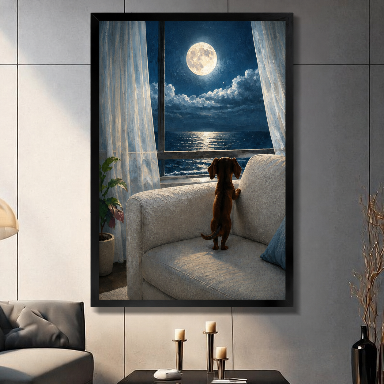 Framed canvas wall art of a dachshund standing on a sofa gazing at a full moon over the ocean through sheer curtains