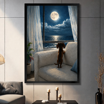 Framed canvas wall art of a dachshund standing on a sofa gazing at a full moon over the ocean through sheer curtains