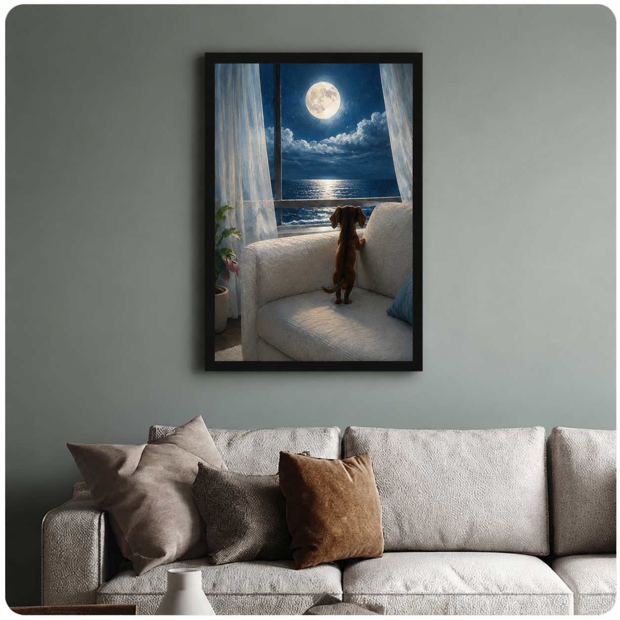 Framed wall art print of a dachshund peering out a window at a glowing full moon above the ocean, displayed in a modern living room