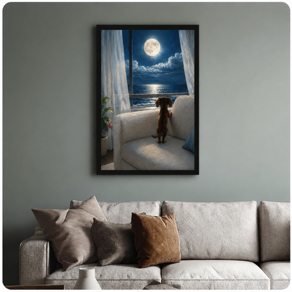 Framed wall art print of a dachshund peering out a window at a glowing full moon above the ocean, displayed in a modern living room