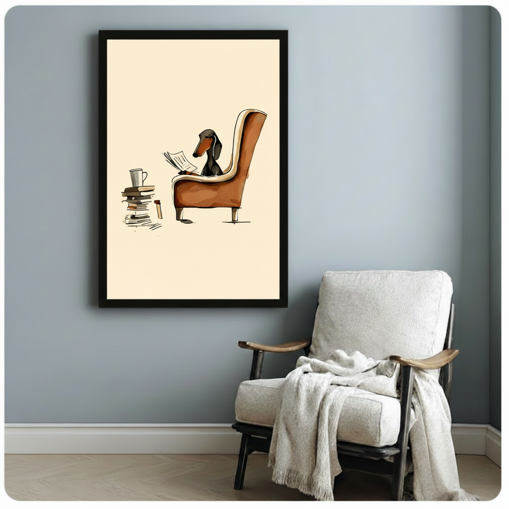 Vertical framed canvas of a dachshund curled in a brown armchair reading a newspaper beside stacked books and a mug, hung on a blue-grey wall next to a linen accent chair