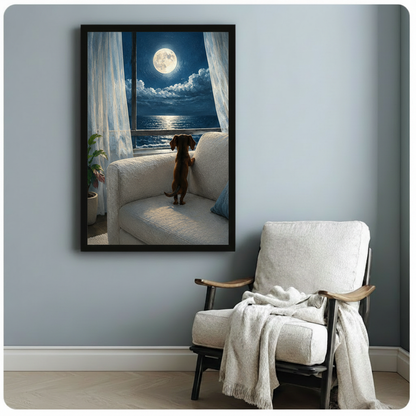 Framed poster of a dachshund dog looking at a full moon over the sea through sheer curtains, styled in a cozy blue-toned room