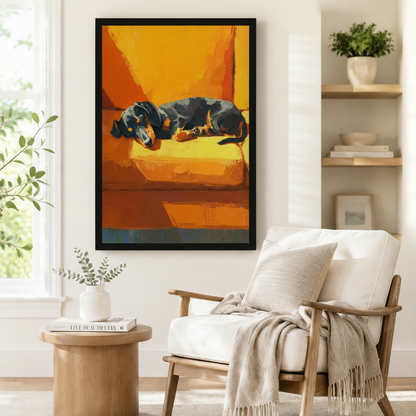 Black and tan dachshund oil painting framed canvas beside wooden armchair — cozy transitional home decor
