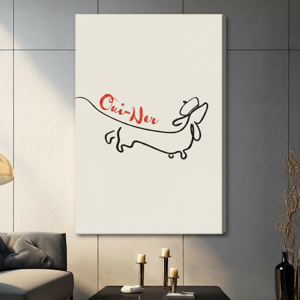 Oui-Ner dachshund single line drawing on cream background, stretched canvas wall art displayed on grey wall in contemporary living room