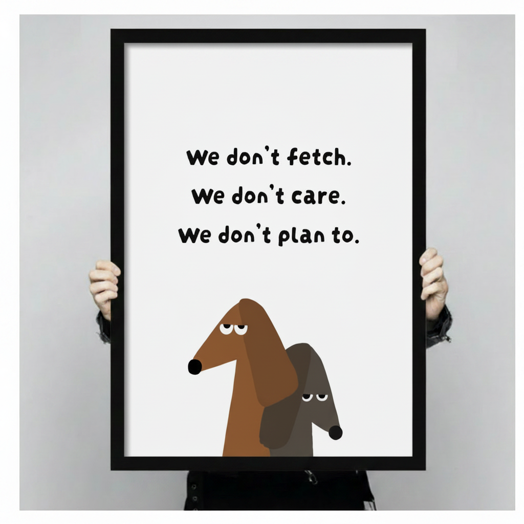 Framed funny dog quote art print – "We don't fetch. We don't care. We don't plan to." – humorous dachshund wall art gift for dog lovers and pet owners