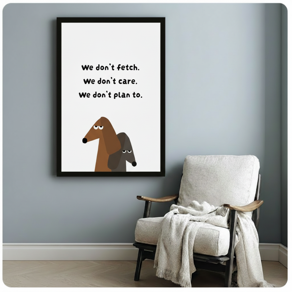 Funny dachshund framed art print beside armchair – grumpy sausage dog quote wall decor – minimalist pet lover gift idea for reading nook or hallway