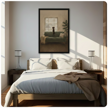 Framed dachshund watching rainy window oil painting above wooden bed in sunlit modern bedroom – warm tone melancholic dog canvas wall art for bedroom decor