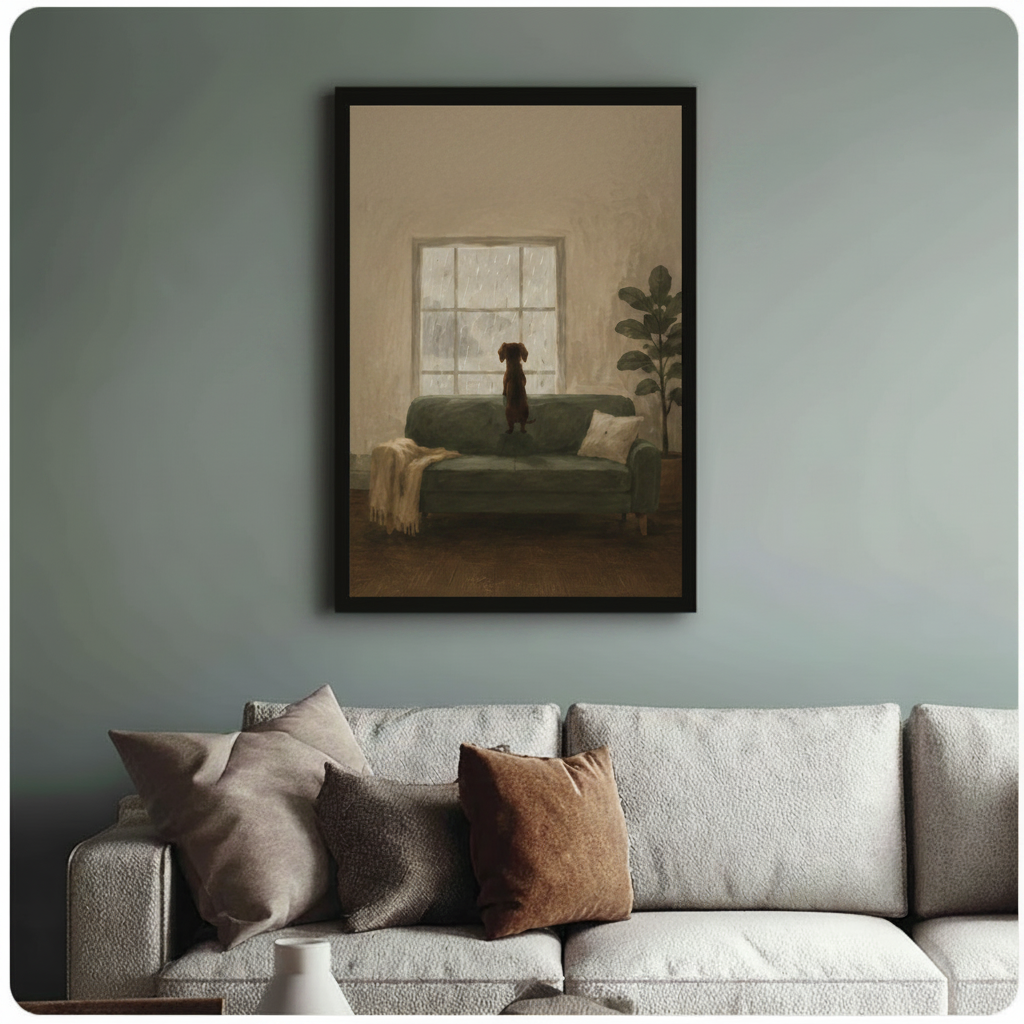 Framed dachshund watching rainy window oil painting above cream textured sofa on sage blue-grey wall – contemplative warm tone dog canvas print for living room decor