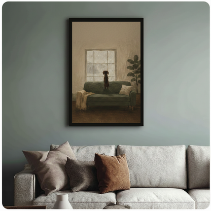 Framed dachshund watching rainy window oil painting above cream textured sofa on sage blue-grey wall – contemplative warm tone dog canvas print for living room decor