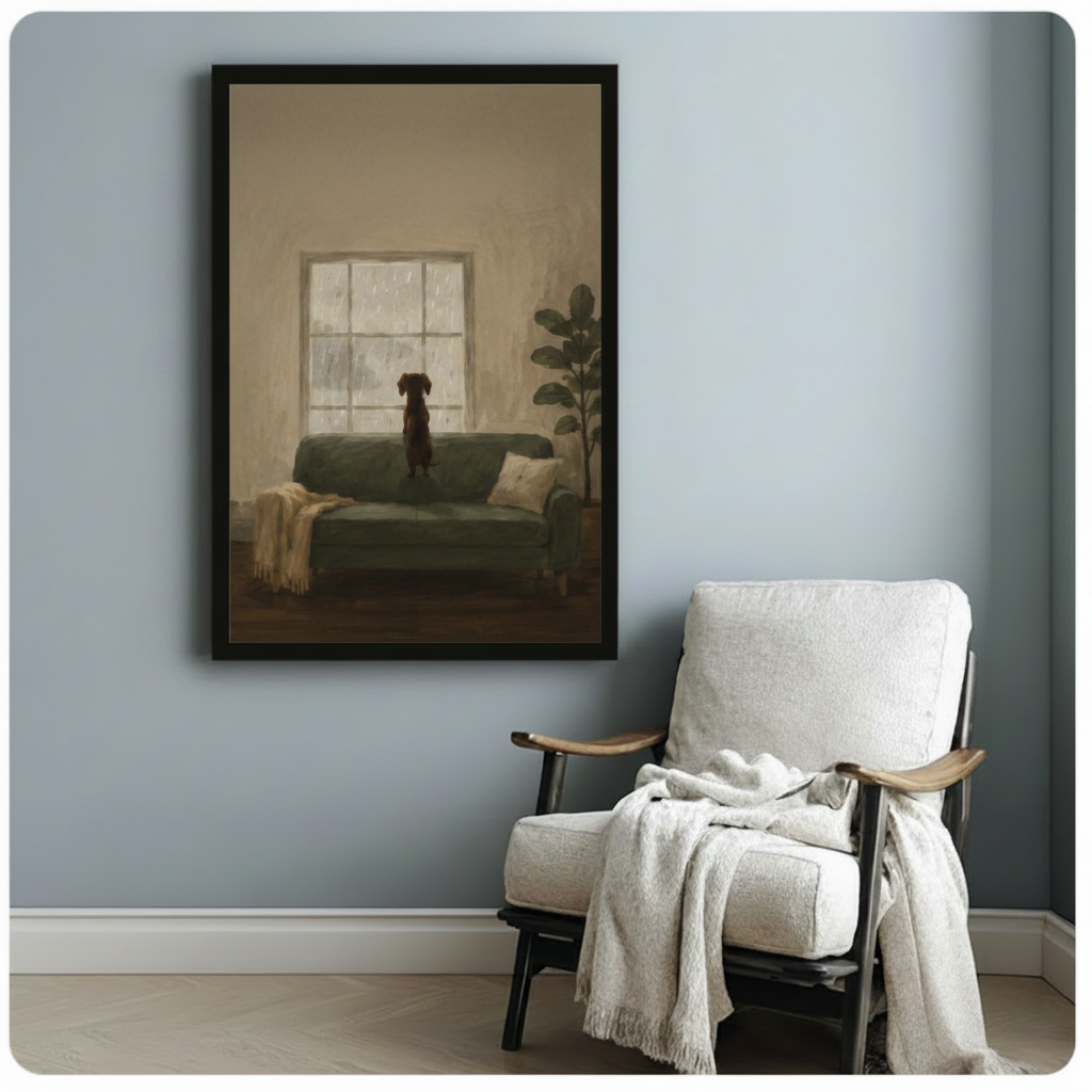 Moody dachshund rainy window framed oil painting beside white linen armchair on soft blue-grey wall – melancholic dog portrait canvas art for reading nook or hallway