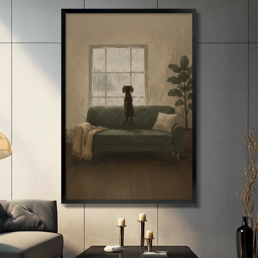 Melancholic dachshund standing on green sofa gazing at rainy window oil painting in black frame on dark grey panel wall – moody warm tone pet canvas wall art for living room