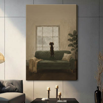 Frameless dachshund on green sofa watching rain through window oil painting canvas on dark grey panel wall – minimalist moody pet wall art for contemporary living room
