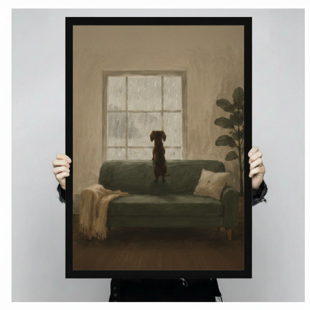 Hands holding framed dachshund on sofa gazing at rainy window oil painting canvas – moody warm brown pet wall art size reference display