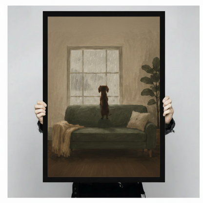 Hands holding framed dachshund on sofa gazing at rainy window oil painting canvas – moody warm brown pet wall art size reference display