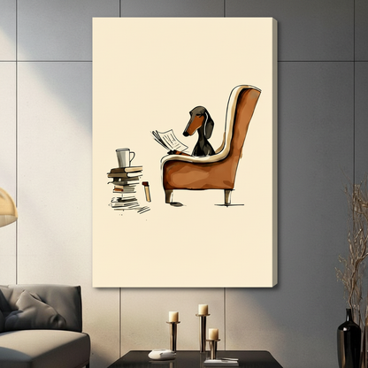 Gallery-wrapped canvas featuring a charming dachshund perched in a tall armchair reading a paper next to a pile of books with a coffee cup on top, hung in a contemporary living space