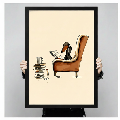 Hand-held framed wall art print showing a dachshund seated in a tall wingback chair reading a newspaper with a coffee cup balanced on a tower of books beside it