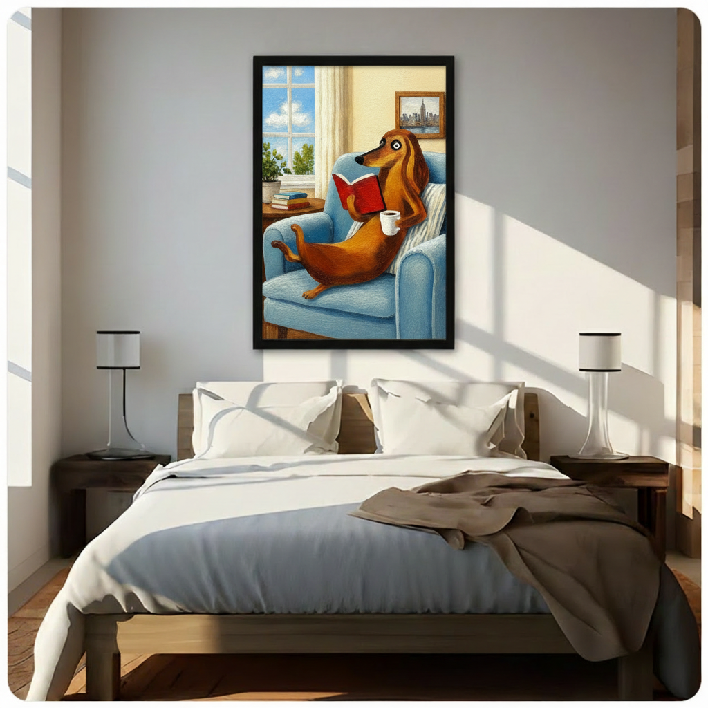 Dachshund reading book with coffee wall art in black frame above bed, minimalist bedroom with warm natural sunlight
