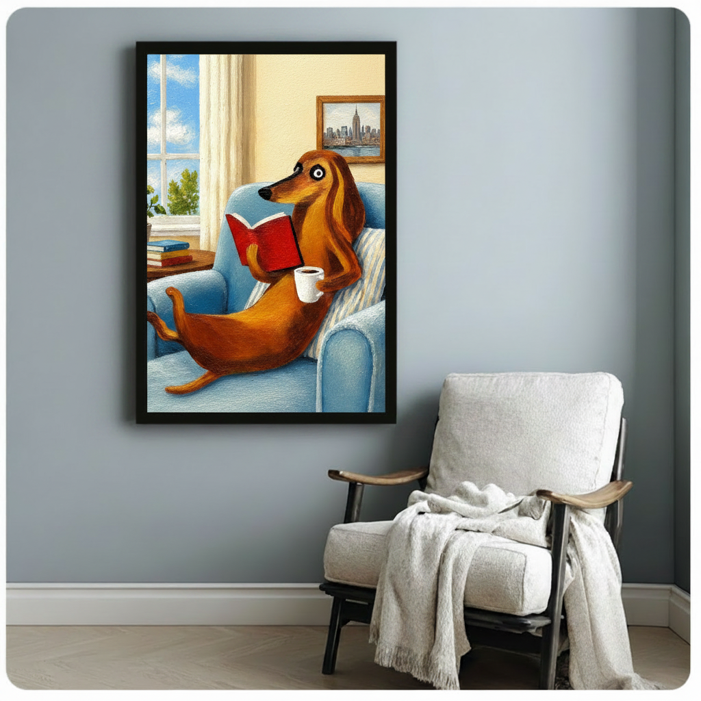 Dachshund reading book with coffee in black frame on blue-grey wall beside linen lounge chair, cosy reading corner wall art