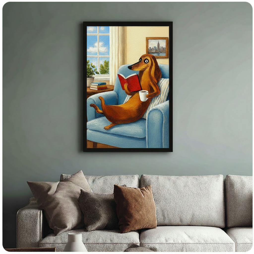 Funny dachshund reading and coffee framed print on sage green-grey wall above linen sofa, oil painting style dog poster