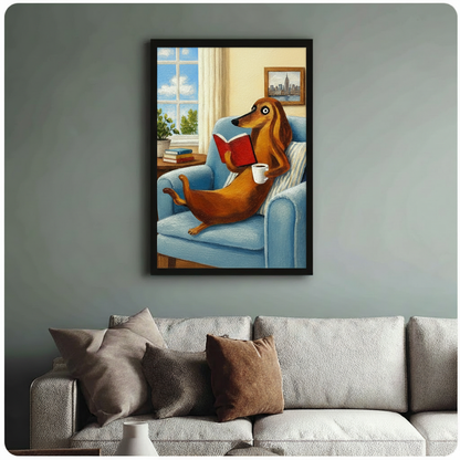 Funny dachshund reading and coffee framed print on sage green-grey wall above linen sofa, oil painting style dog poster