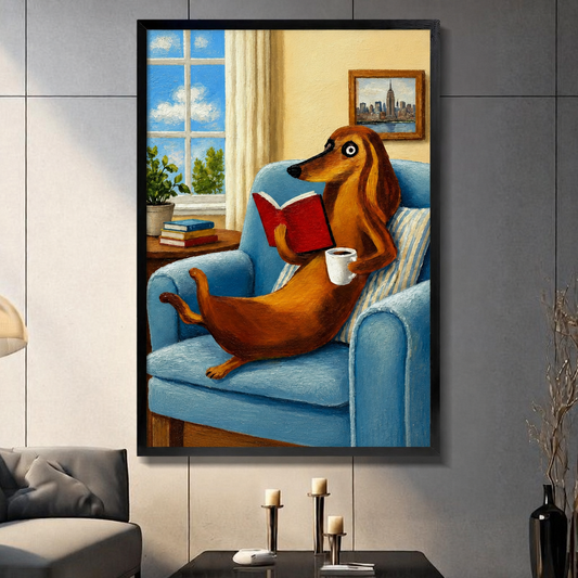 Dachshund reading book with coffee wall art in black frame on grey wall above console table, funny dog living room decor
