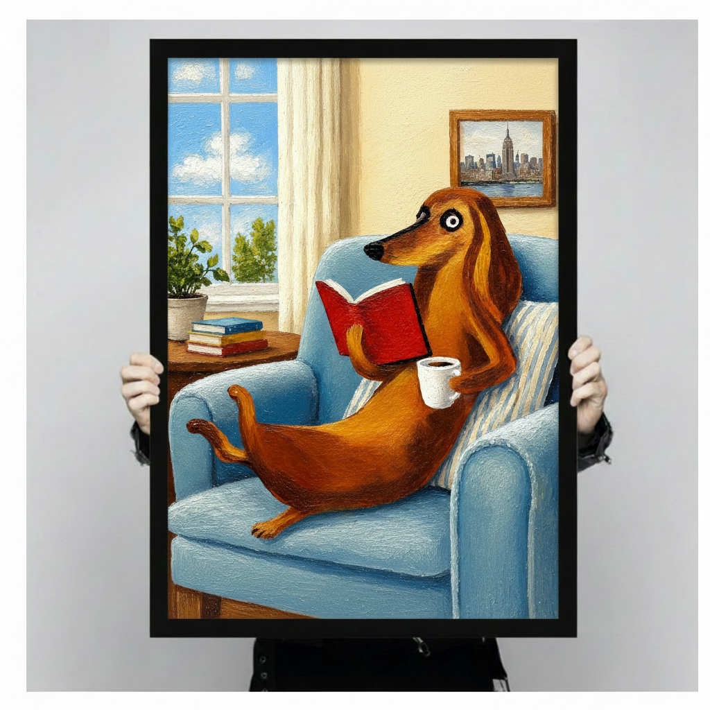 Funny dachshund reading book print in black frame held in hands against grey background, showing print size and quality