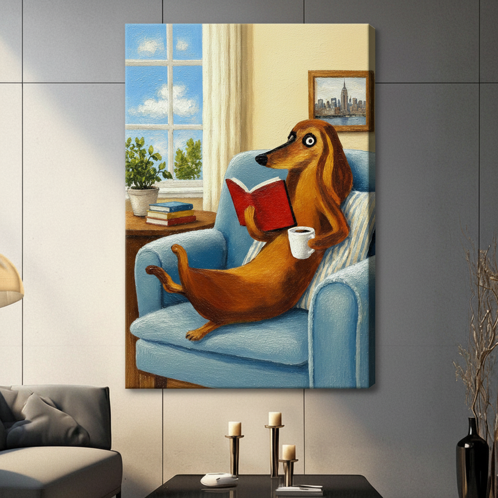 Dachshund reading book with coffee canvas wrap on grey wall above grey sofa, frameless sausage dog wall art