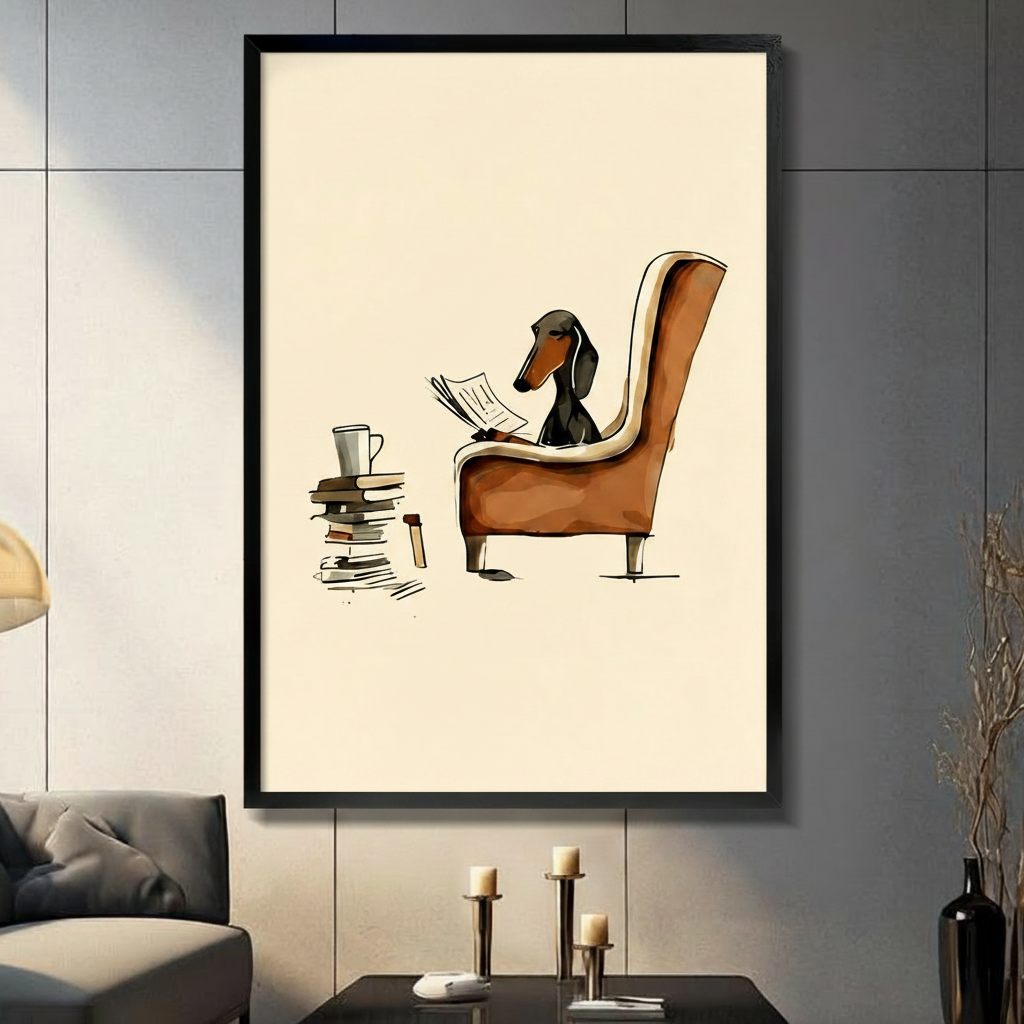 Framed canvas wall art of a dachshund sitting in a brown wingback chair reading a newspaper beside a stack of books and a coffee mug, displayed in a dark modern living room