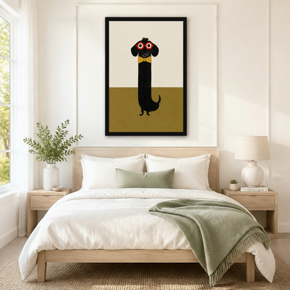 Minimalist dachshund with red glasses and yellow bow tie framed canvas wall art above oak bed frame in neutral Scandinavian bedroom with sage green throw