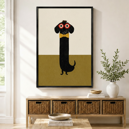 Funny dachshund with red glasses and yellow bow tie framed canvas wall art displayed in bright entryway above rattan storage sideboard