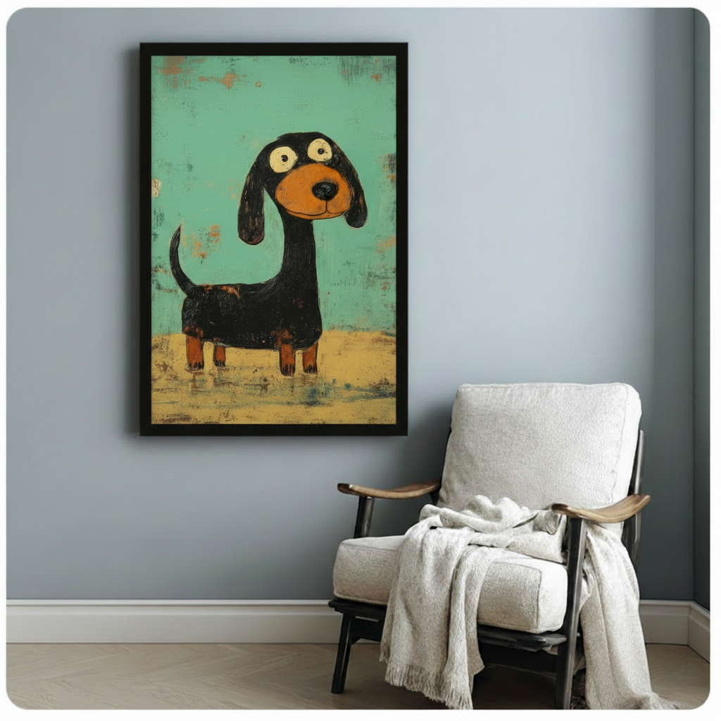 Funny dachshund wall art in black frame above armchair — whimsical big-eyed sausage dog painting on teal vintage background, canvas print