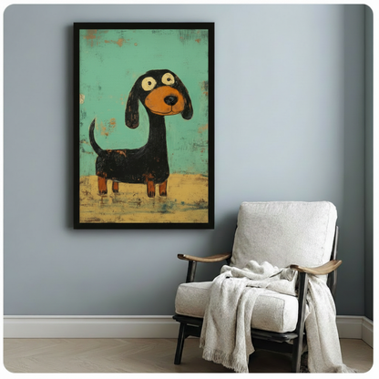 Funny dachshund wall art in black frame above armchair — whimsical big-eyed sausage dog painting on teal vintage background, canvas print