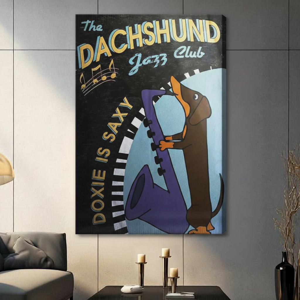 Dachshund saxophone art print displayed in dining room setting – retro jazz dog wall decor with candlelight