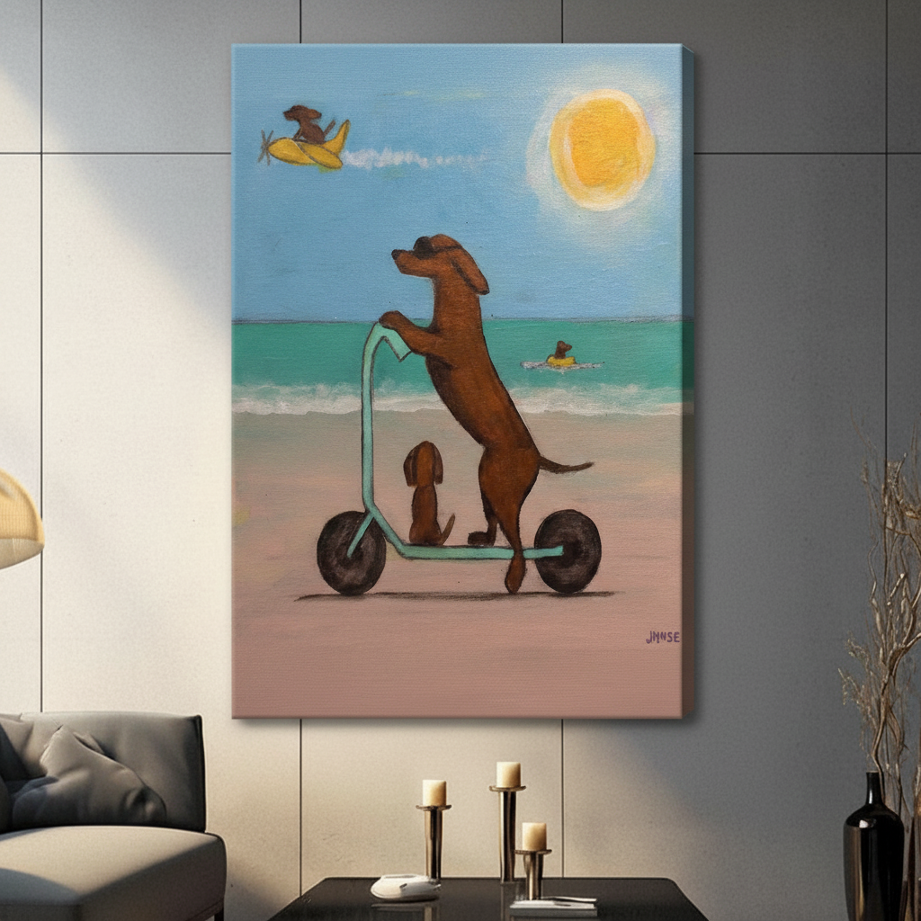 	Unframed canvas dachshund riding scooter on sandy beach, whimsical summer dog wall art with teal and warm tones