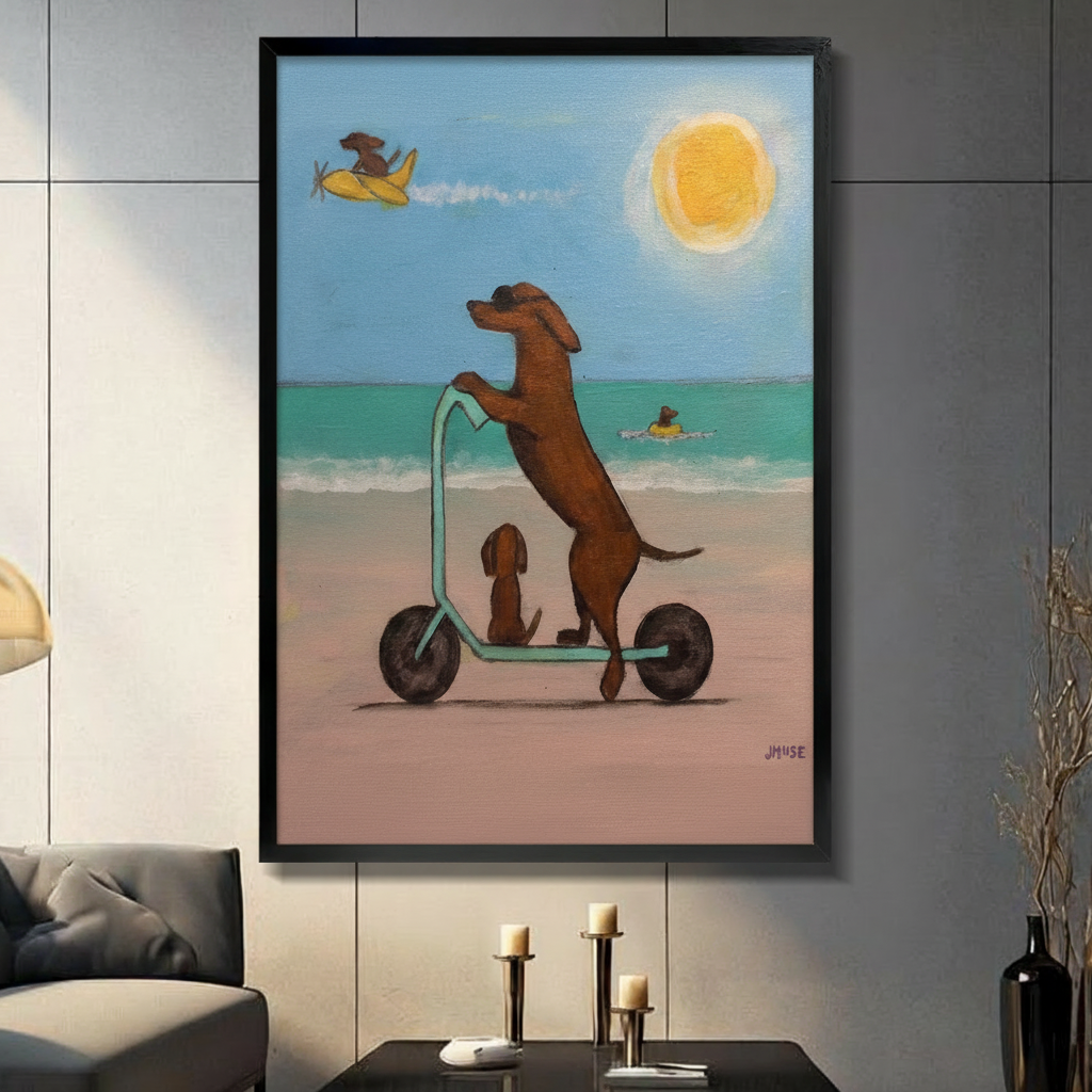 Large framed dachshund scooter oil painting on grey panel wall with candles, surfing dachshund and plane in background
