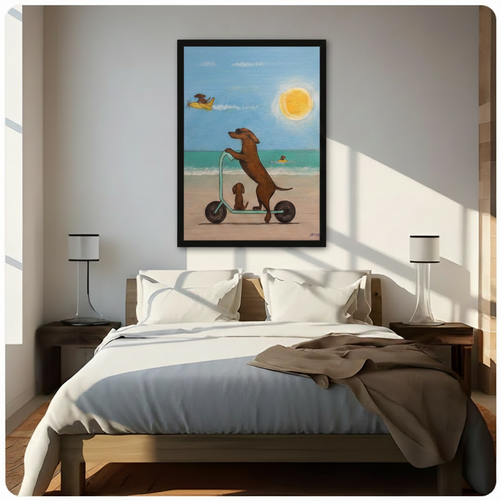 Dachshund beach scooter framed wall art hanging above bed in bright sunlit modern bedroom with twin lamps