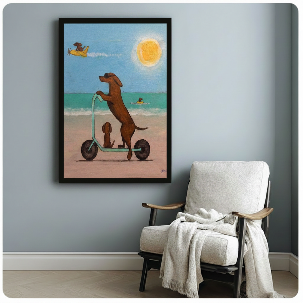 Framed dachshund riding scooter on sunny beach wall art, displayed on grey-blue wall above white accent chair