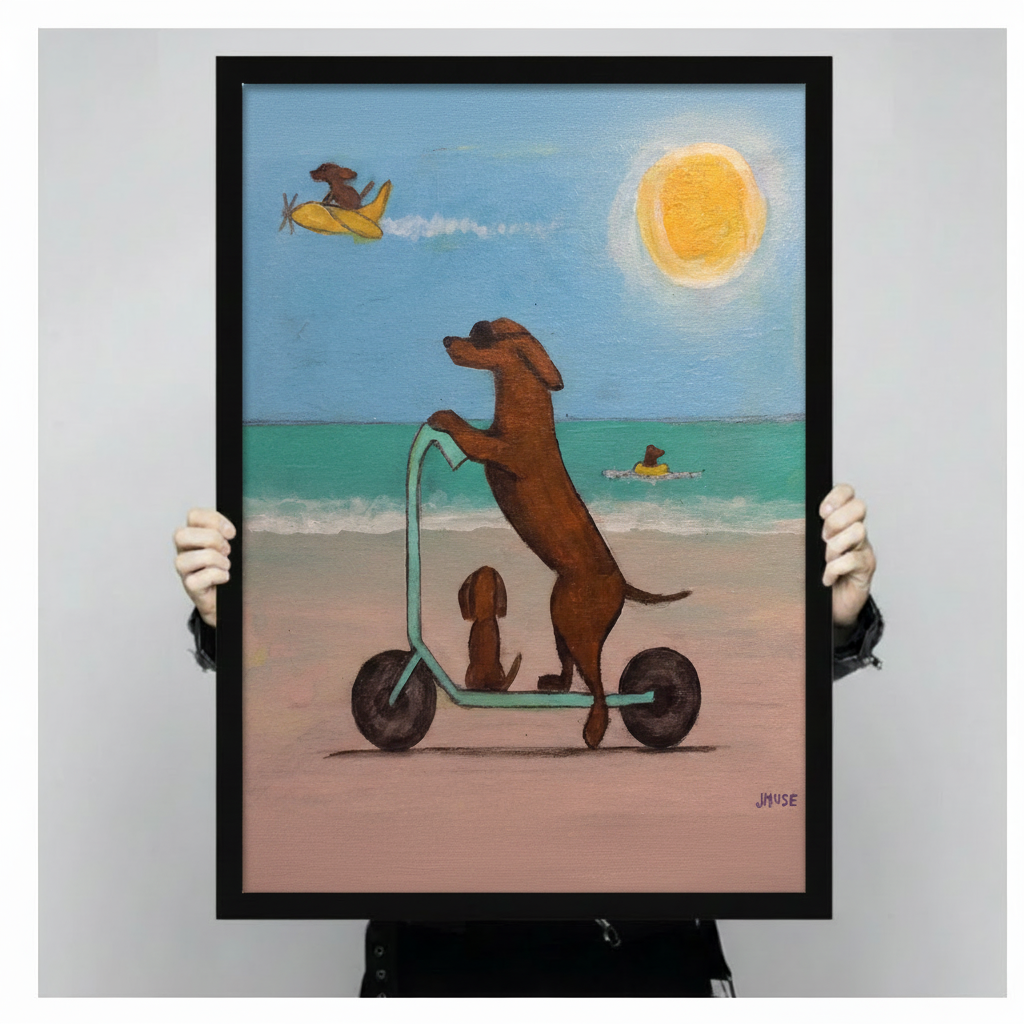 Hand-held framed canvas print of dachshund on teal scooter at beach, puppy underneath, yellow plane in blue sky