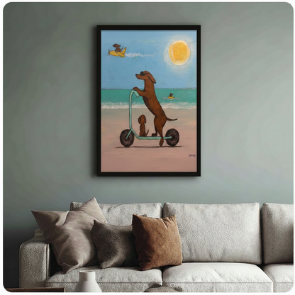 	Framed dachshund beach scooter wall art above linen sofa on sage green wall, fun dog lover home decor