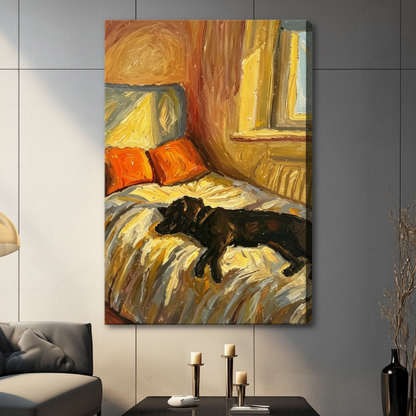 Gallery wrap canvas black dachshund sprawled on yellow bed orange pillows thick impasto brushstrokes warm tones dog wall art