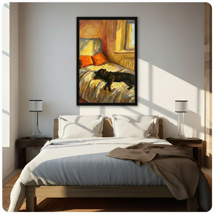 Black framed impasto black dachshund sleeping on bed warm golden oil painting funny dog canvas wall art above dark wood bed