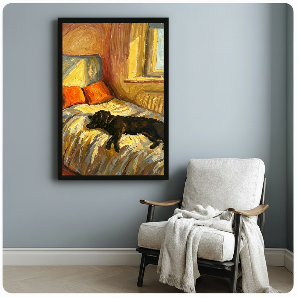 Black framed sleeping dachshund on bed impasto oil painting golden warm bedroom scene funny dog canvas art beside lounge chair